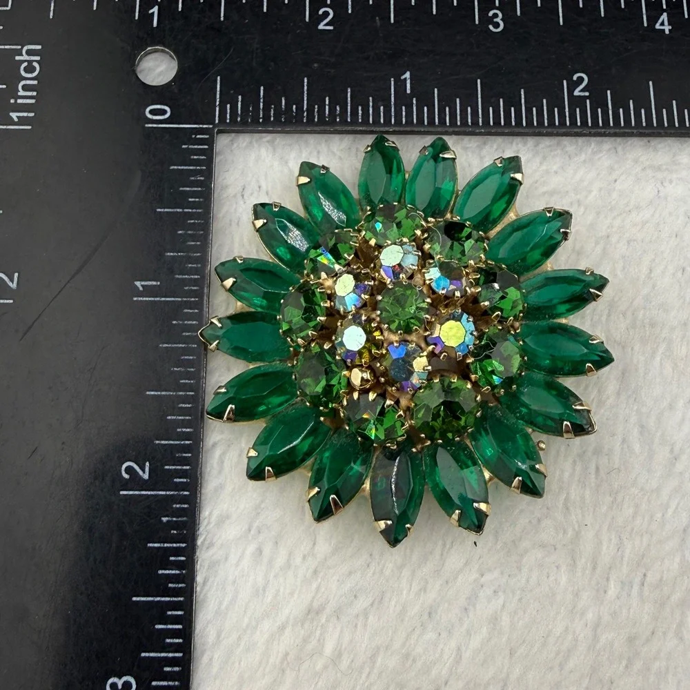 Vintage Rhinestone Brooch Green Aurora Borealis Large Dome